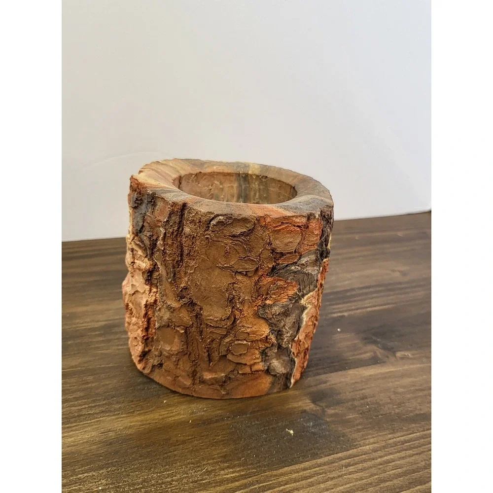 Kim Bird Signed Natural Wood Log Vessel Rustic Bark Pencil Holder Planter 4in